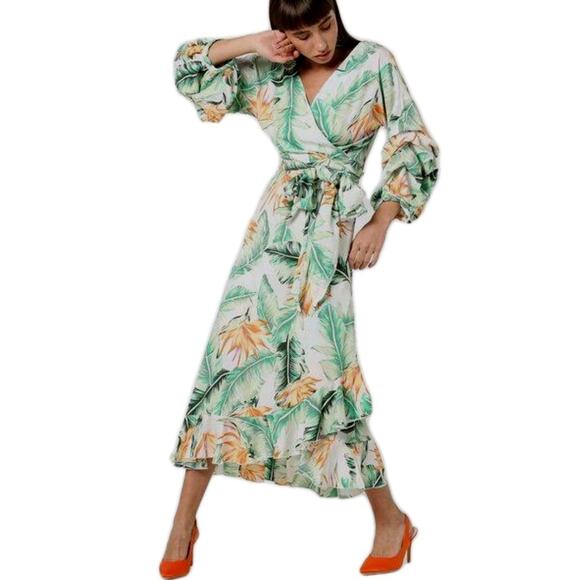 Oeuvre Maxi Tropical Wrap Dress Sz L White Floral Wedding Island Party $400